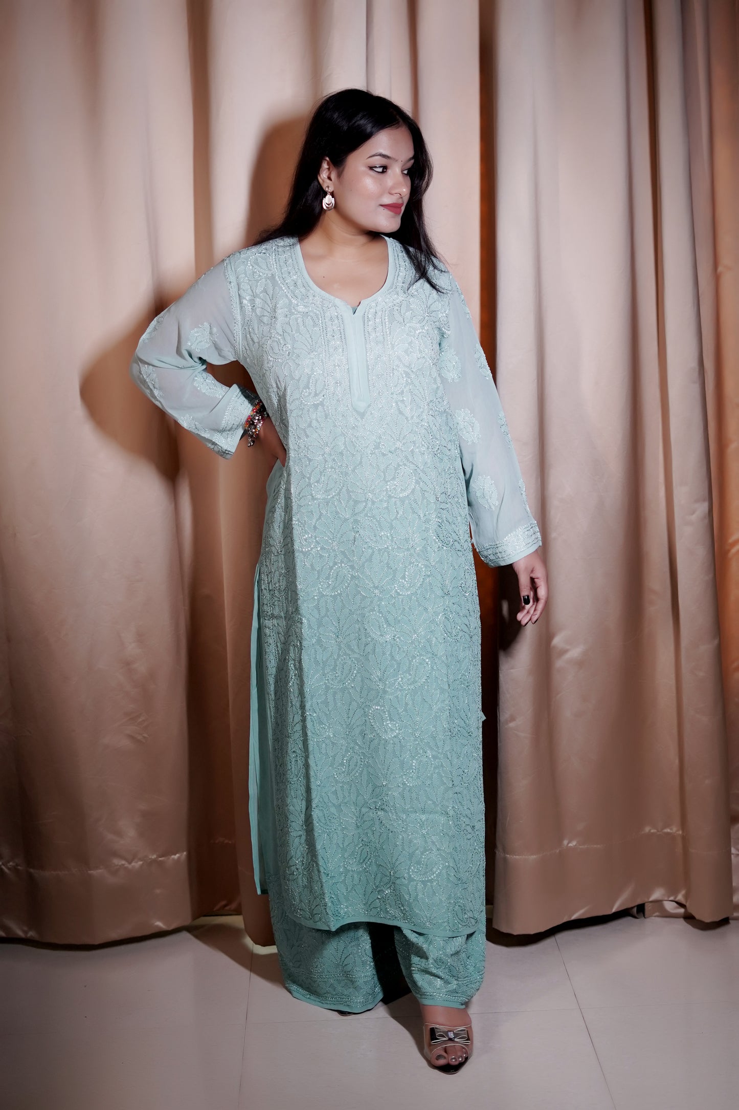 Pastel Aqua Green Ombre Viscose Hand-Embroidered Chikankari Kurta Palazzo Dupatta Set | Varnika Exclusive Chikan