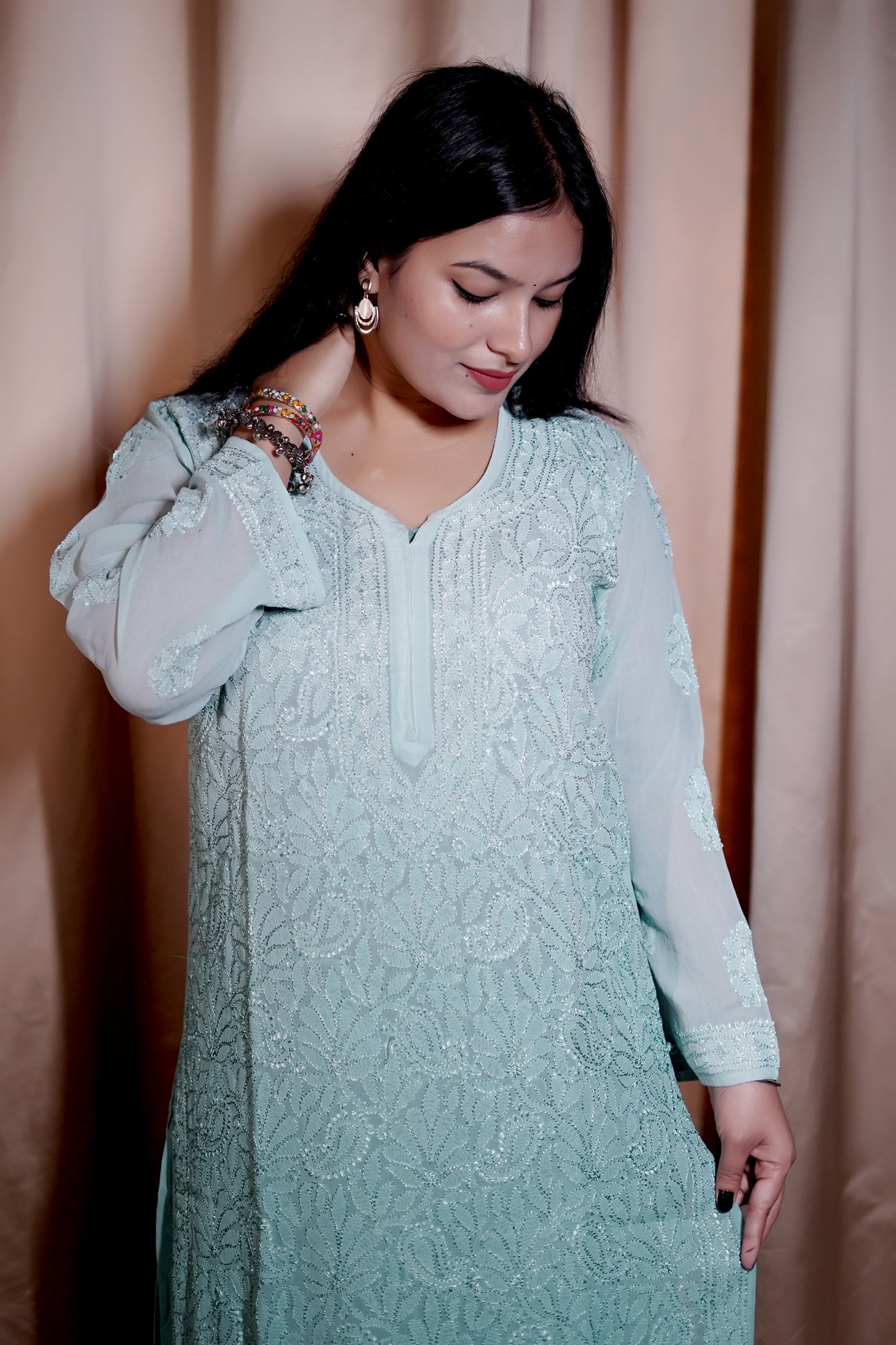 Pastel Aqua Green Ombre Viscose Hand-Embroidered Chikankari Kurta Palazzo Dupatta Set | Varnika Exclusive Chikan