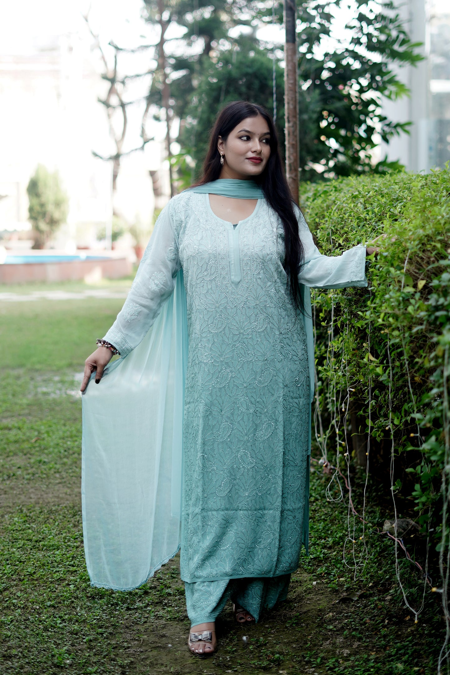 Pastel Aqua Green Ombre Viscose Hand-Embroidered Chikankari Kurta Palazzo Dupatta Set | Varnika Exclusive Chikan