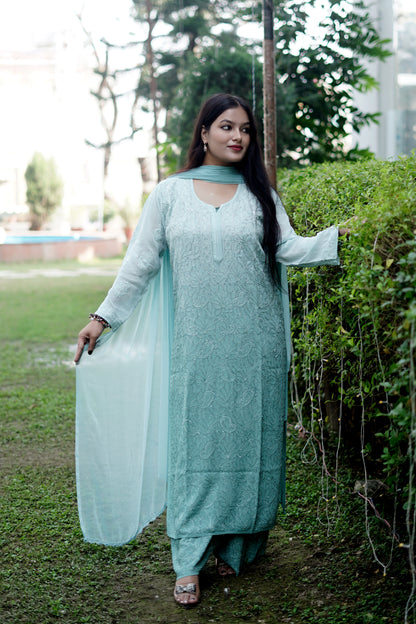 Pastel Aqua Green Ombre Viscose Hand-Embroidered Chikankari Kurta Palazzo Dupatta Set | Varnika Exclusive Chikan