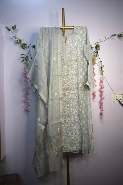 Semi-Stitched Pastel Greyish Blue Tissue Suit Set with Golden Thread Embroidery