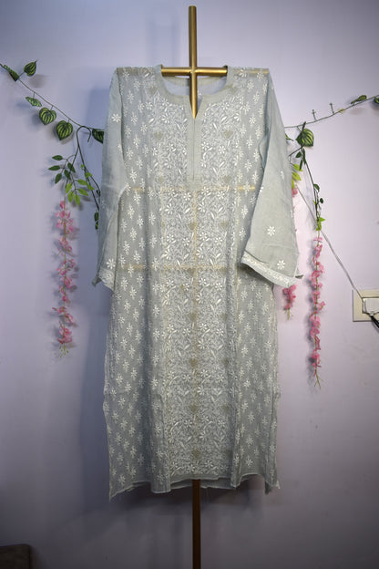 Semi-Stitched Pastel Greyish Blue Tissue Suit Set with Golden Thread Embroidery