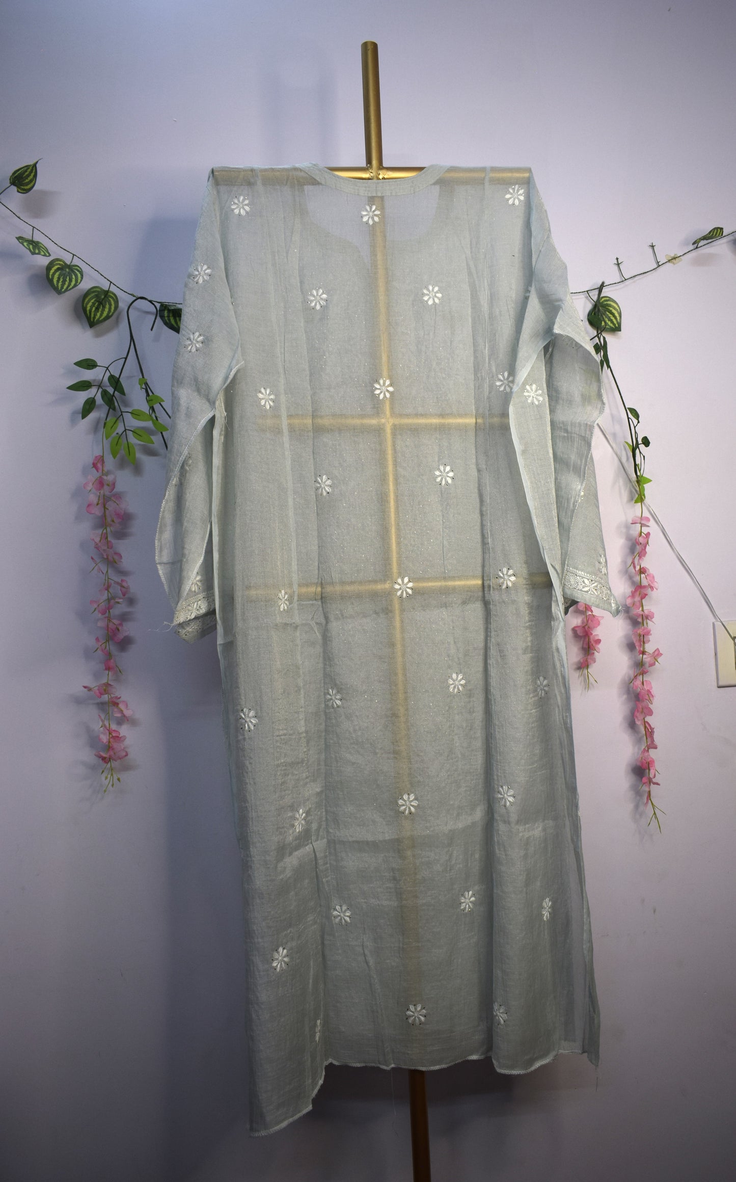 Semi-Stitched Pastel Greyish Blue Tissue Suit Set with Golden Thread Embroidery