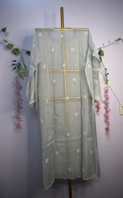 Semi-Stitched Pastel Greyish Blue Tissue Suit Set with Golden Thread Embroidery