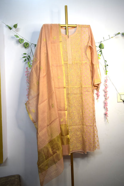 Semi-Stitched Peach Tissue Suit Set with Golden Thread Embroidery