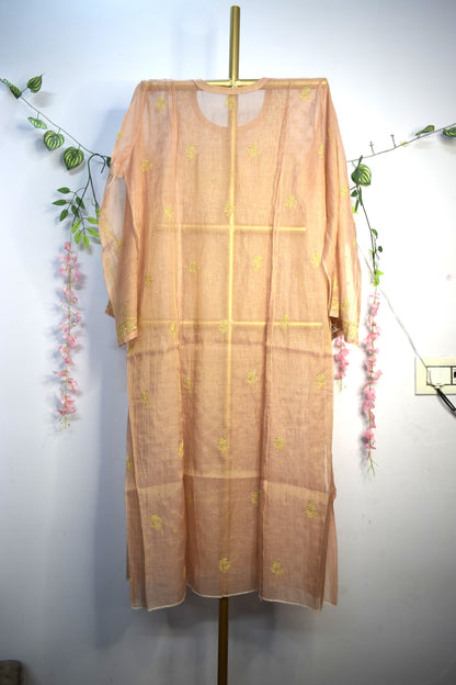 Semi-Stitched Peach Tissue Suit Set with Golden Thread Embroidery