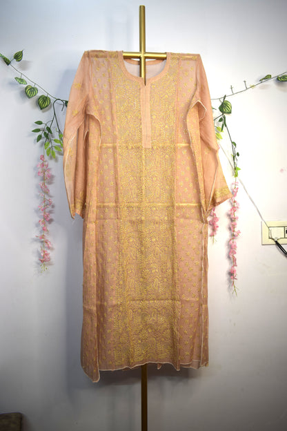 Semi-Stitched Peach Tissue Suit Set with Golden Thread Embroidery