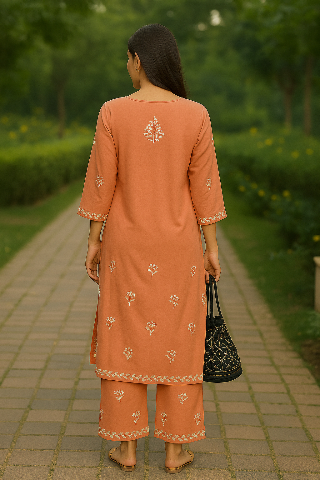 Peach Rayon Chikankari Kurta Set with Ghaspatti & Phanda Embroidery | Varnika Exclusive Chikan