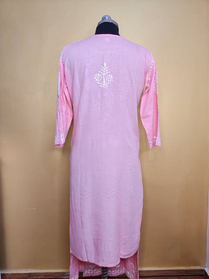 Peach Rayon Chikankari Kurta Set with Ghaspatti & Phanda Embroidery | Varnika Exclusive Chikan