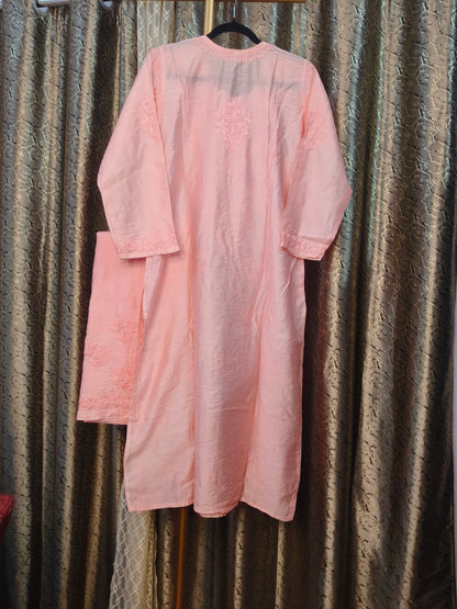Peach Chanderi Kurta Set with Palazzo | Handcrafted Chikankari Embroidery | Varnika Exclusive Chikan