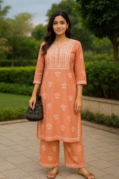Peach Rayon Chikankari Kurta Set with Ghaspatti & Phanda Embroidery | Varnika Exclusive Chikan