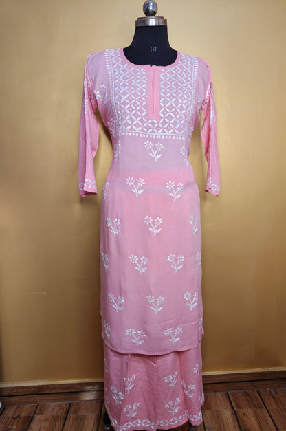 Peach Rayon Chikankari Kurta Set with Ghaspatti & Phanda Embroidery | Varnika Exclusive Chikan