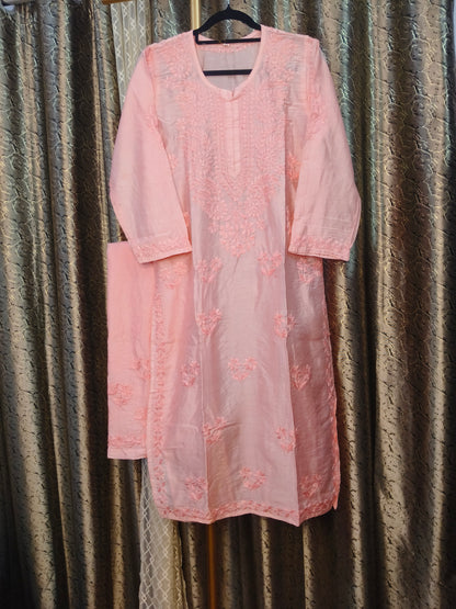 Peach Chanderi Kurta Set with Palazzo | Handcrafted Chikankari Embroidery | Varnika Exclusive Chikan