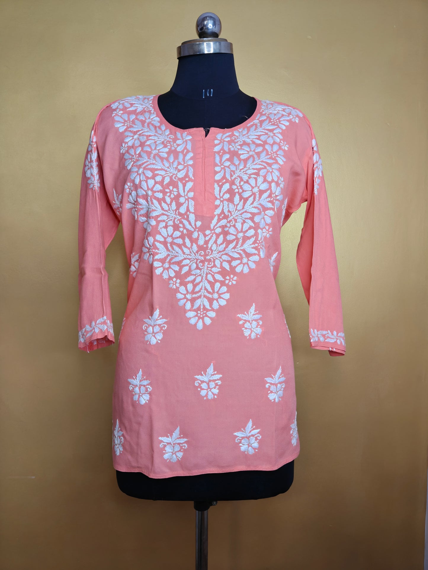 Chikankari Short Kurti Peach for Women | Handcrafted Rayon Kurta Top