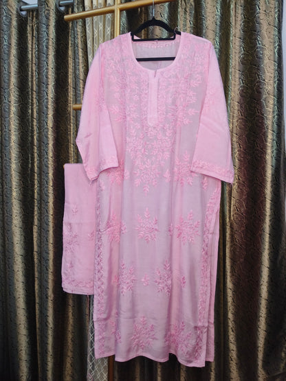 Pink Masleen Kurta Set with Palazzo | Handcrafted Chikankari Kurti & Palazzo Set | Varnika Exclusive Chikan