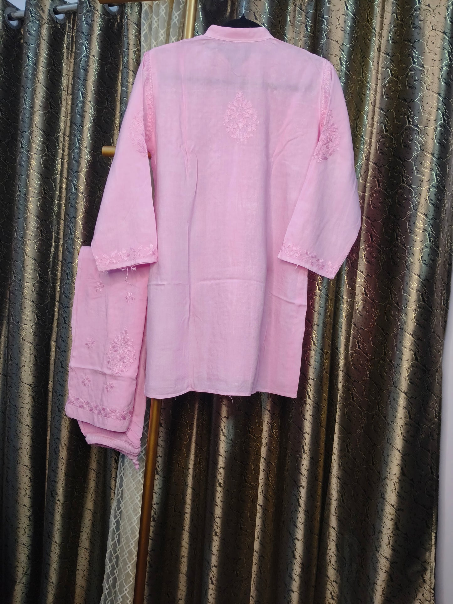 Pink Rayon Co-ord Set for Women | Stylish Kurti & Pant Set for Office, Festive & Casual Wear | Varnika Exclusive Chikan