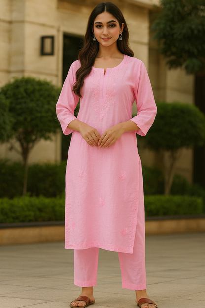 Pink Chanderi Kurta Set with Palazzo | Handcrafted Chikankari Embroidery | Varnika Exclusive Chikan