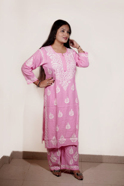 Pink Rayon Chikankari Kurta Set with Ghaspatti & Phanda Embroidery | Varnika Exclusive Chikan