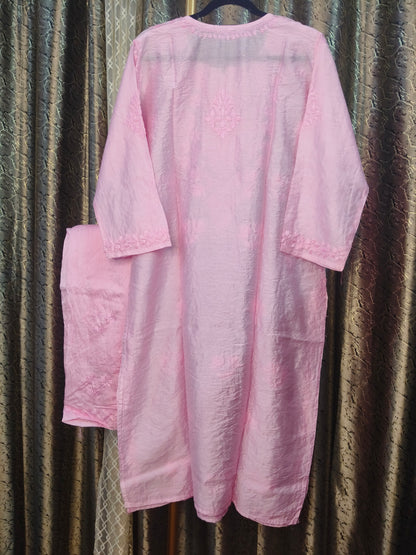 Pink Chanderi Kurta Set with Palazzo | Handcrafted Chikankari Embroidery | Varnika Exclusive Chikan
