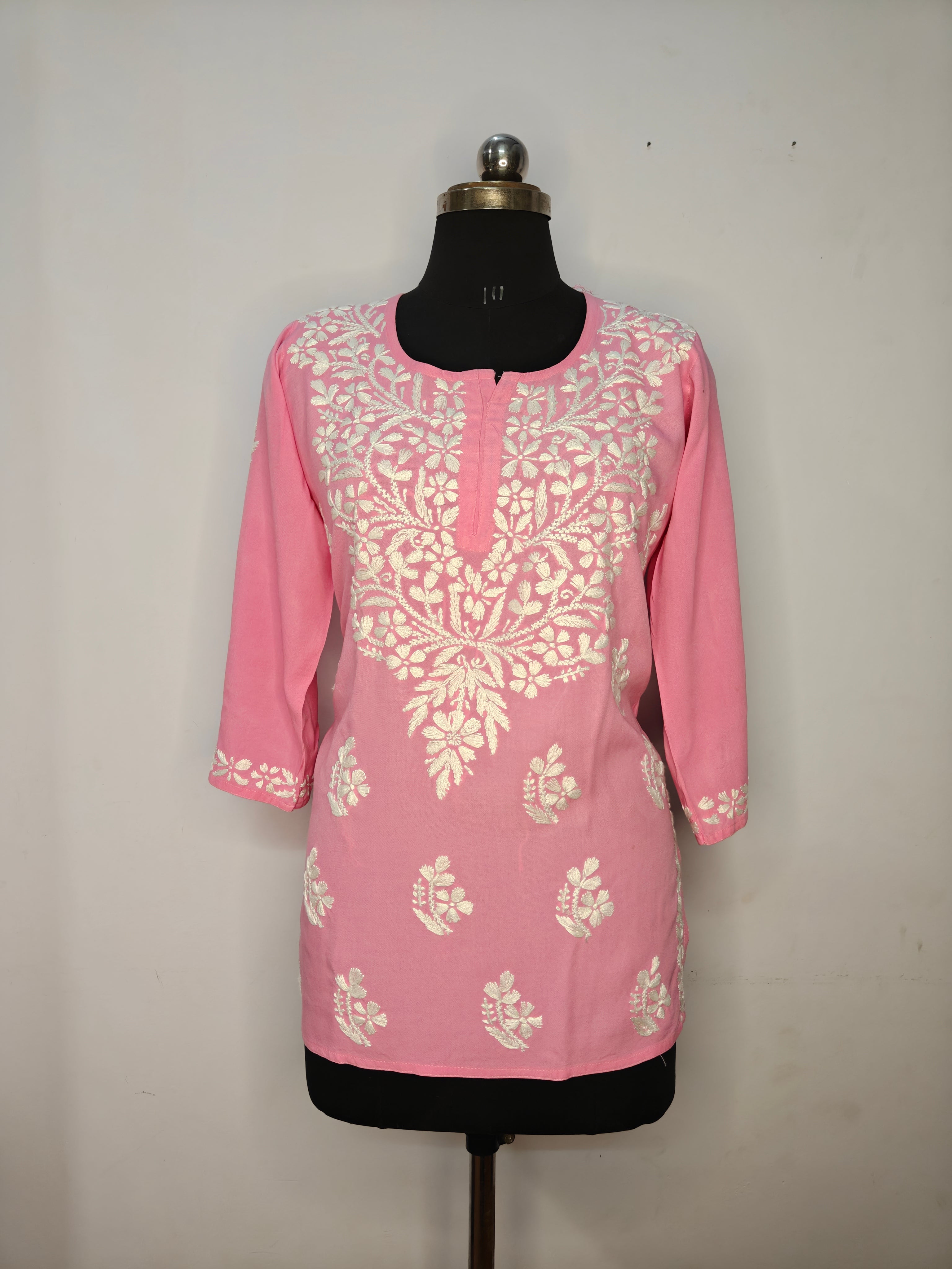Chikankari Short Kurti Peach for Women | Handcrafted Rayon Kurta Top
