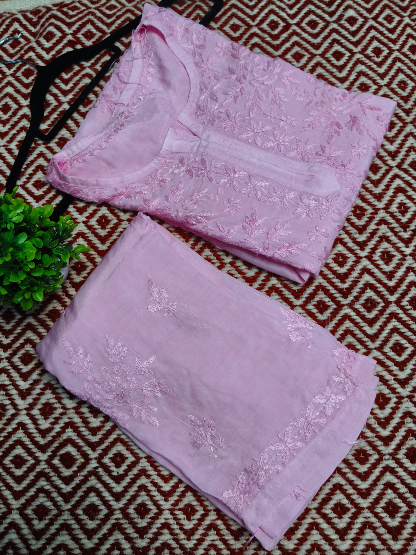 Pink Masleen Kurta Set with Palazzo | Handcrafted Chikankari Kurti & Palazzo Set | Varnika Exclusive Chikan