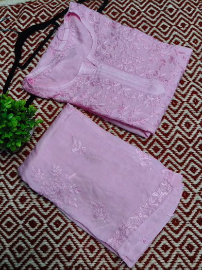 Pink Masleen Kurta Set with Palazzo | Handcrafted Chikankari Kurti & Palazzo Set | Varnika Exclusive Chikan