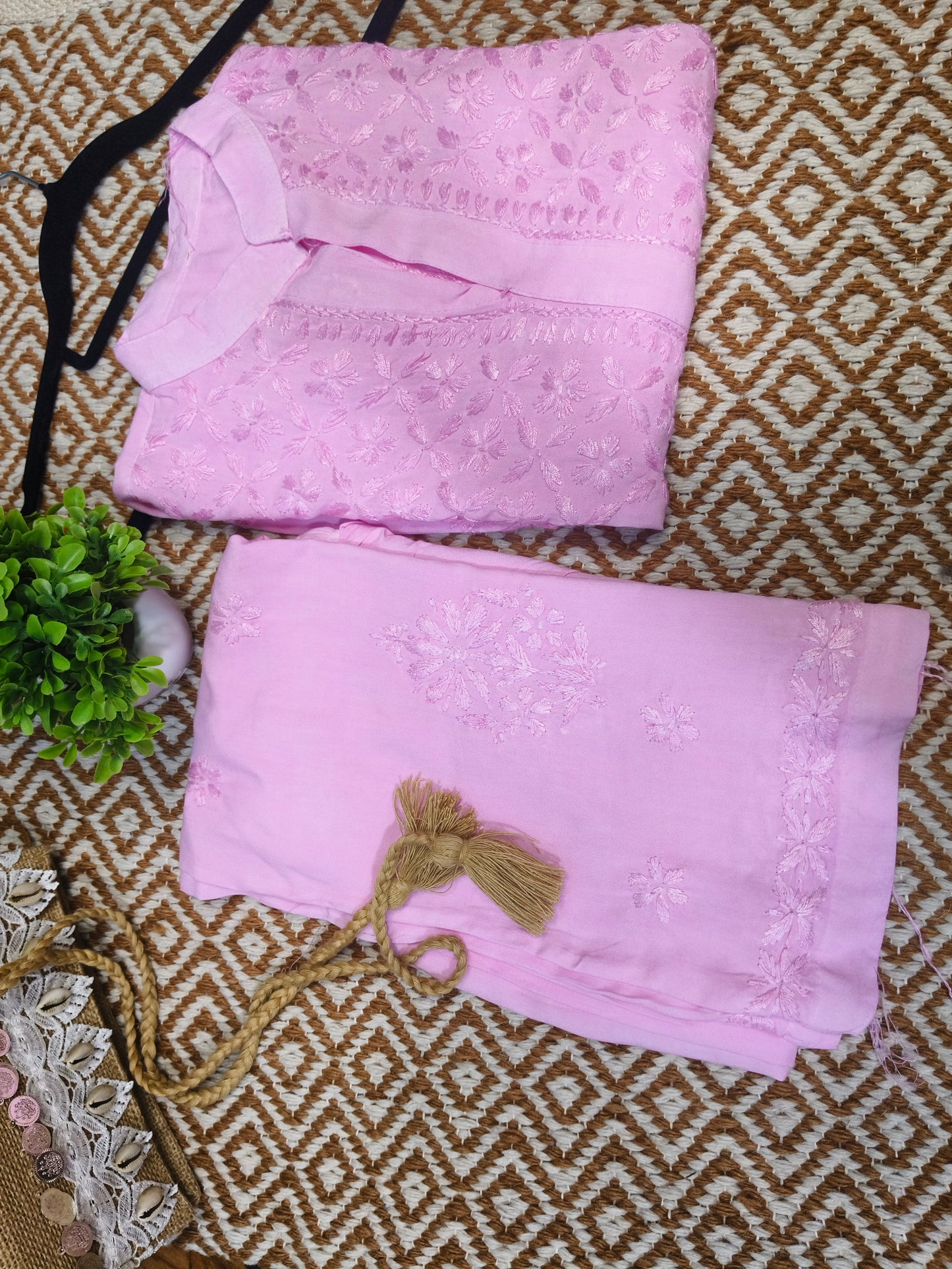 Pink Rayon Co-ord Set for Women | Stylish Kurti & Pant Set for Office, Festive & Casual Wear | Varnika Exclusive Chikan