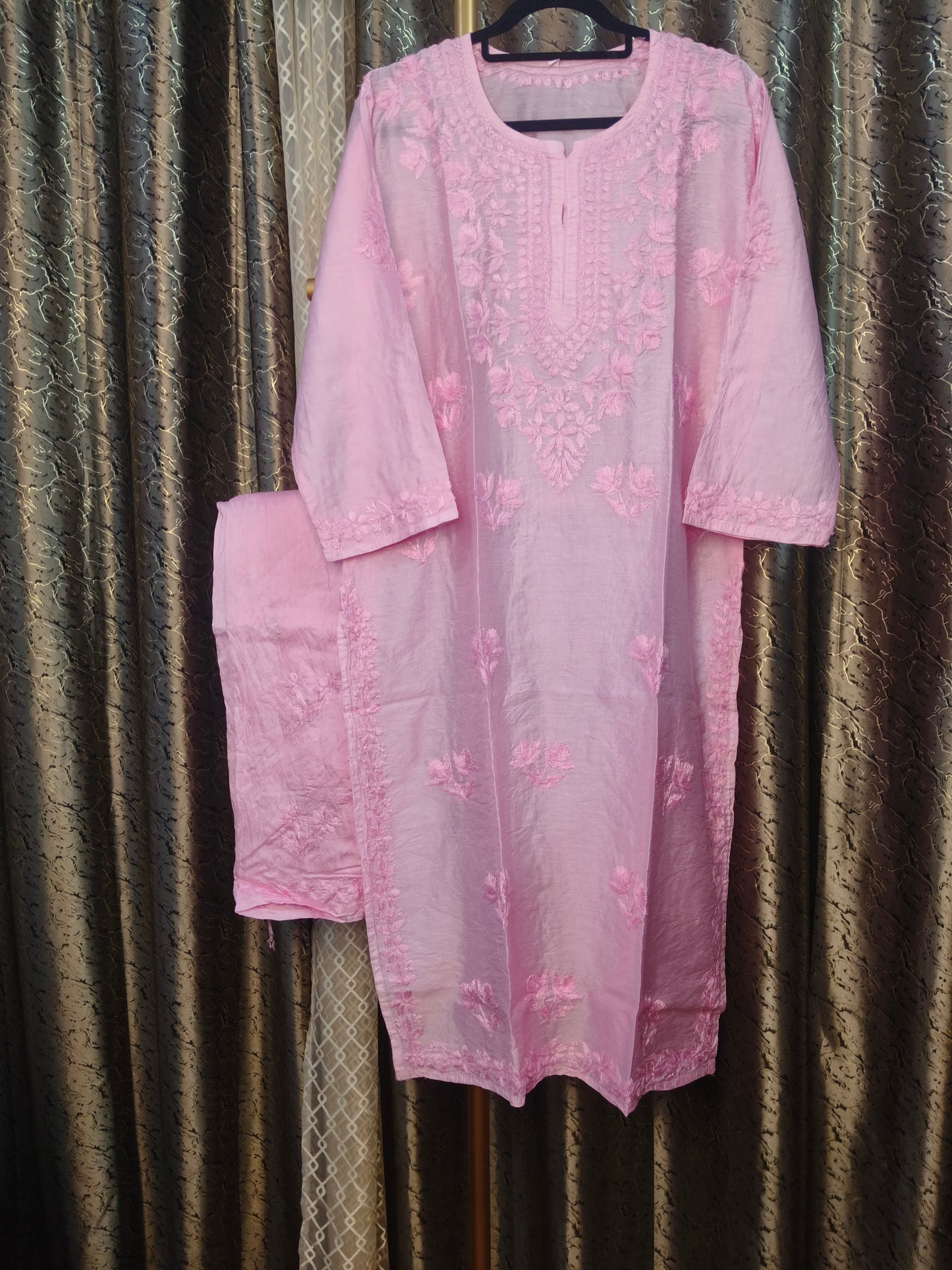 Pink Chanderi Kurta Set with Palazzo | Handcrafted Chikankari Embroidery | Varnika Exclusive Chikan