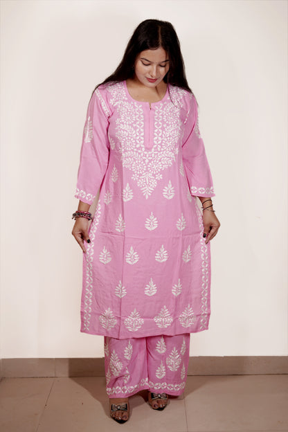 Pink Rayon Chikankari Kurta Set with Ghaspatti & Phanda Embroidery | Varnika Exclusive Chikan