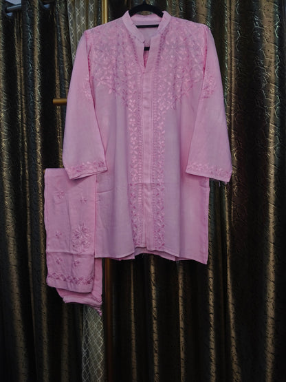 Pink Rayon Co-ord Set for Women | Stylish Kurti & Pant Set for Office, Festive & Casual Wear | Varnika Exclusive Chikan