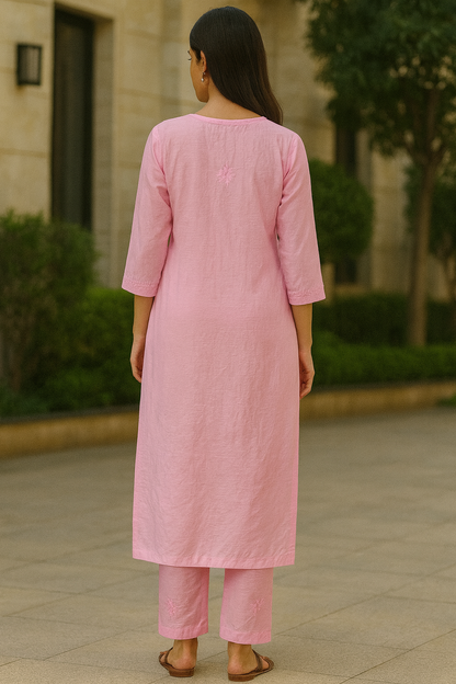 Pink Chanderi Kurta Set with Palazzo | Handcrafted Chikankari Embroidery | Varnika Exclusive Chikan
