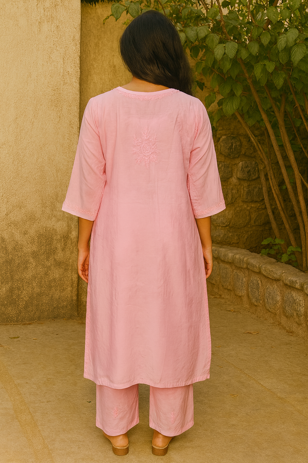 Pink Masleen Kurta Set with Palazzo | Handcrafted Chikankari Kurti & Palazzo Set | Varnika Exclusive Chikan