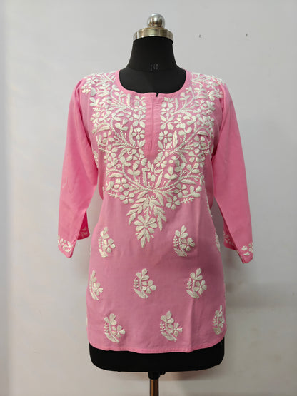 Chikankari Short Kurti Peach for Women | Handcrafted Rayon Kurta Top