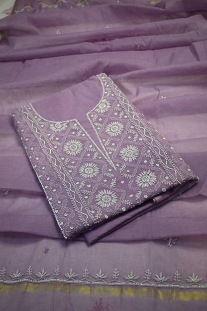 Unstitched Purple Mulmul Chanderi Suit Piece with Dupatta