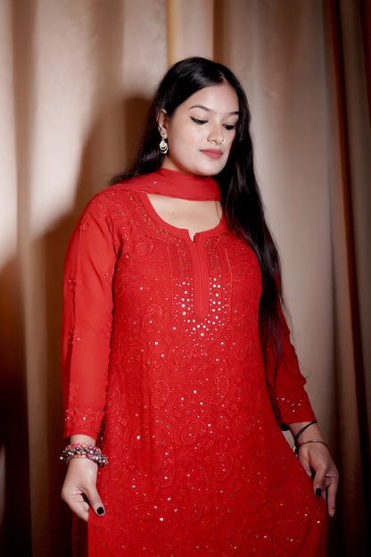 Red Viscose Full Jaal Mukaish | Hand-Embroidered Kurta Palazzo Dupatta Set | Varnika Exclusive Chikan