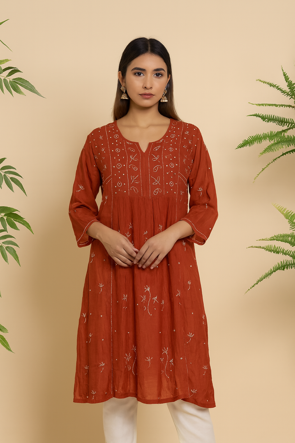Semi-Stitched Red Chanderi Chikankari Anarkali Kurta Set
