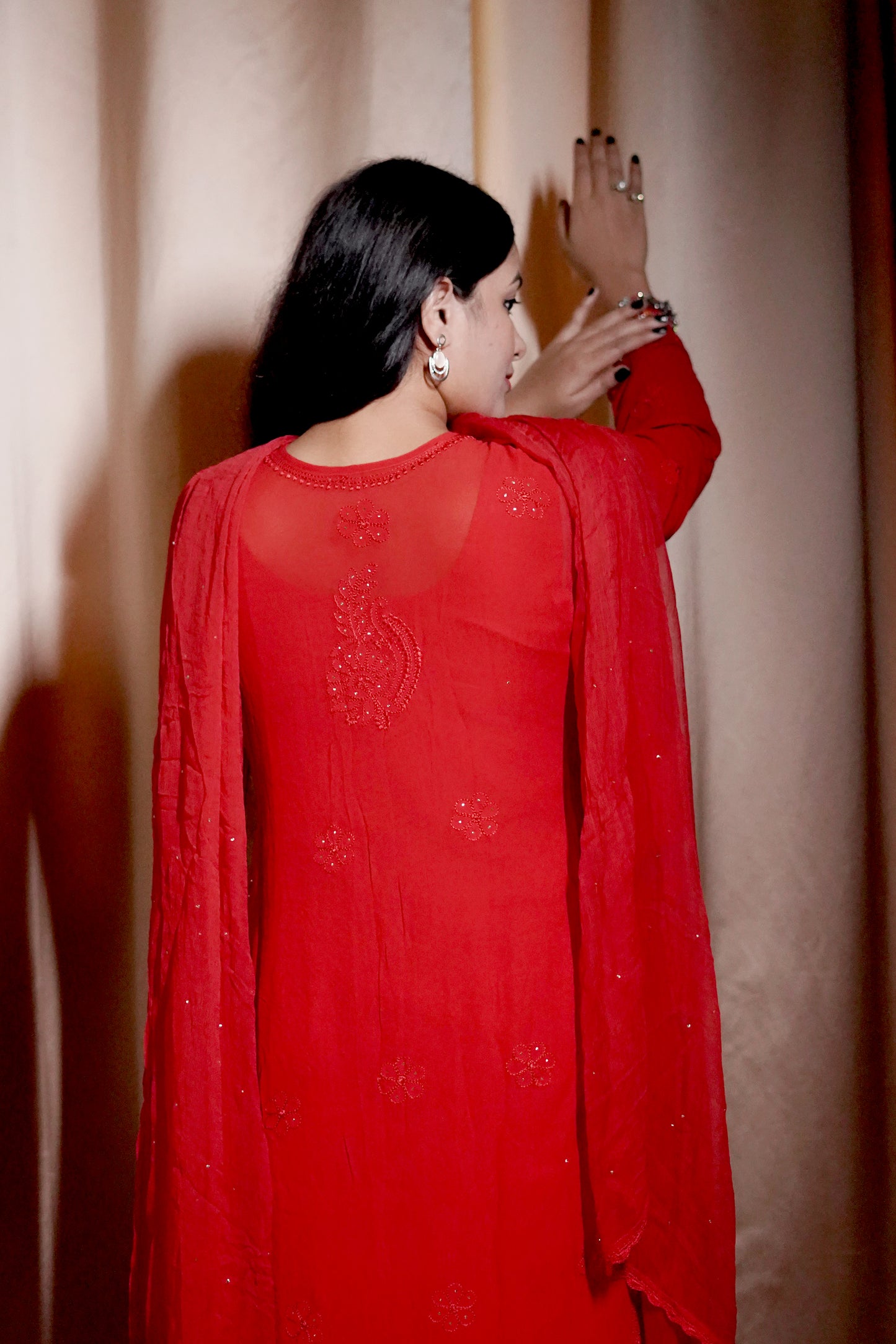 Red Viscose Full Jaal Mukaish | Hand-Embroidered Kurta Palazzo Dupatta Set | Varnika Exclusive Chikan