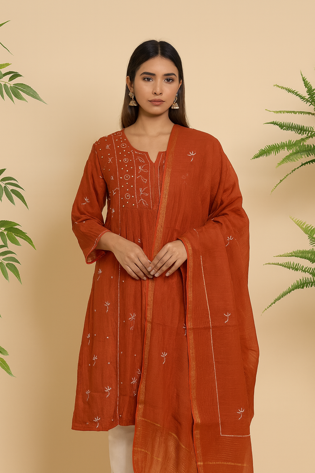 Semi-Stitched Red Chanderi Chikankari Anarkali Kurta Set