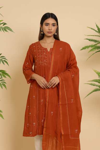 Semi-Stitched Red Chanderi Chikankari Anarkali Kurta Set