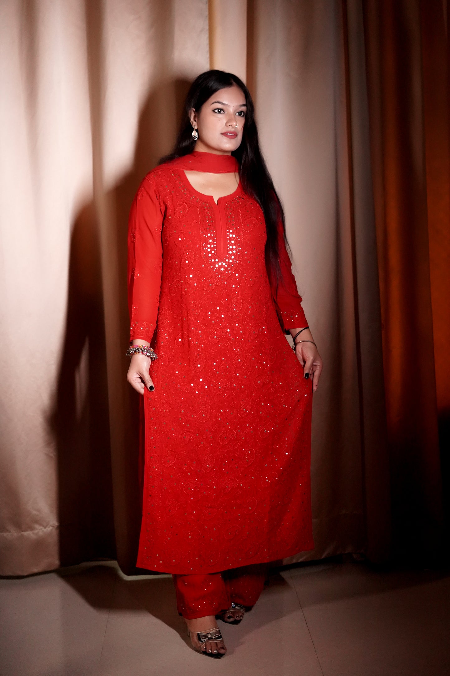 Red Viscose Full Jaal Mukaish | Hand-Embroidered Kurta Palazzo Dupatta Set | Varnika Exclusive Chikan