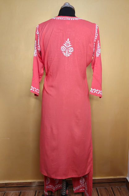 Red Rayon Chikankari Kurta Set with Ghaspatti & Phanda Embroidery | Varnika Exclusive Chikan