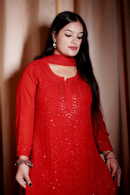 Red Viscose Full Jaal Mukaish | Hand-Embroidered Kurta Palazzo Dupatta Set | Varnika Exclusive Chikan