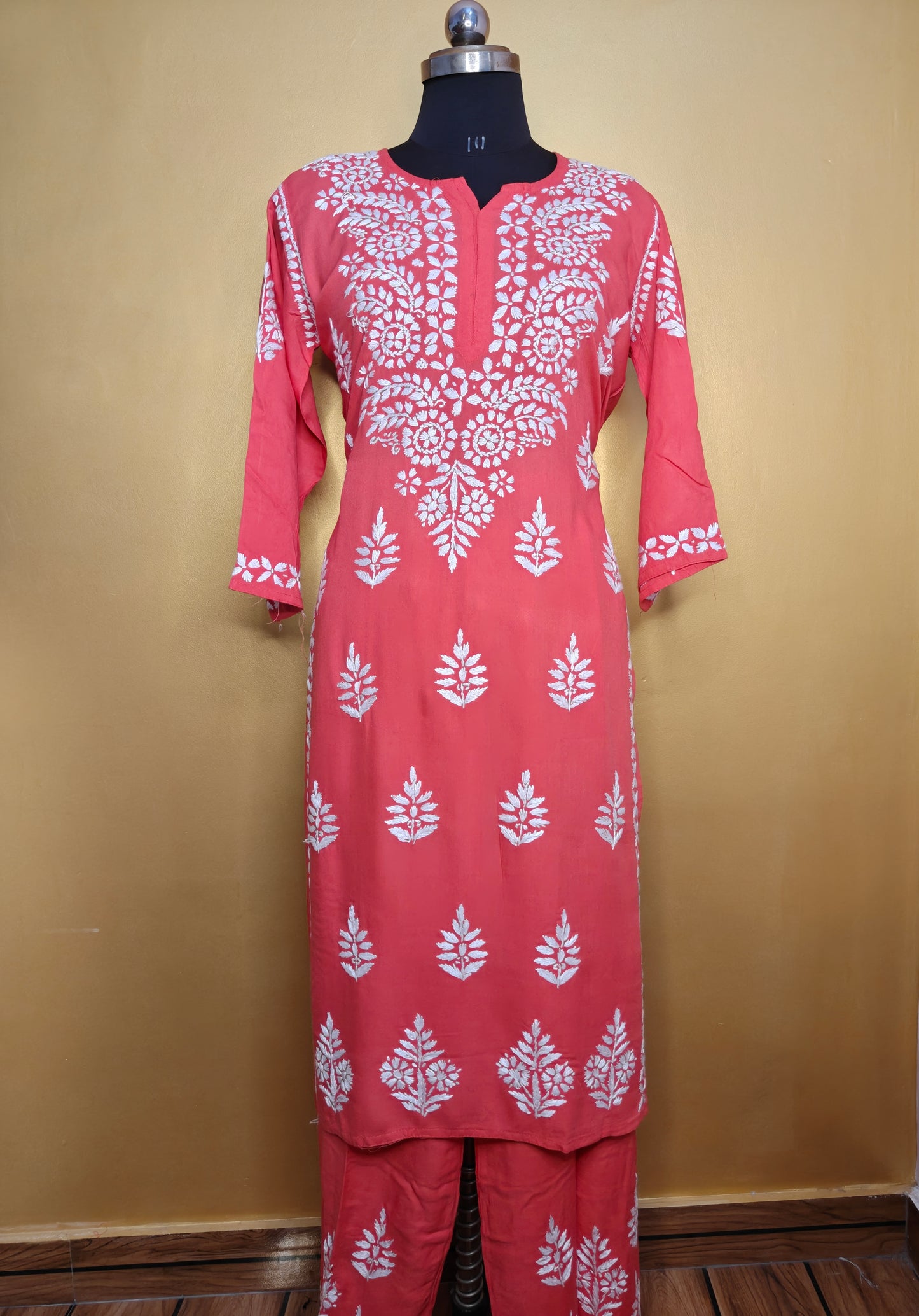 Red Rayon Chikankari Kurta Set with Ghaspatti & Phanda Embroidery | Varnika Exclusive Chikan