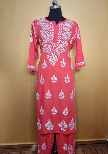 Red Rayon Chikankari Kurta Set with Ghaspatti & Phanda Embroidery | Varnika Exclusive Chikan