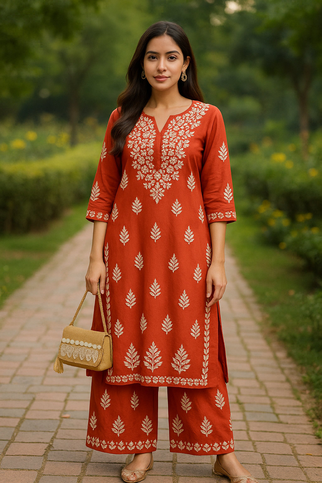 Red Rayon Chikankari Kurta Set with Ghaspatti & Phanda Embroidery | Varnika Exclusive Chikan