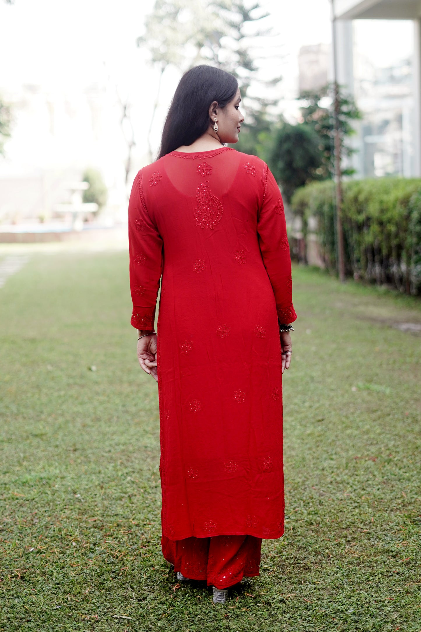 Red Viscose Full Jaal Mukaish | Hand-Embroidered Kurta Palazzo Dupatta Set | Varnika Exclusive Chikan