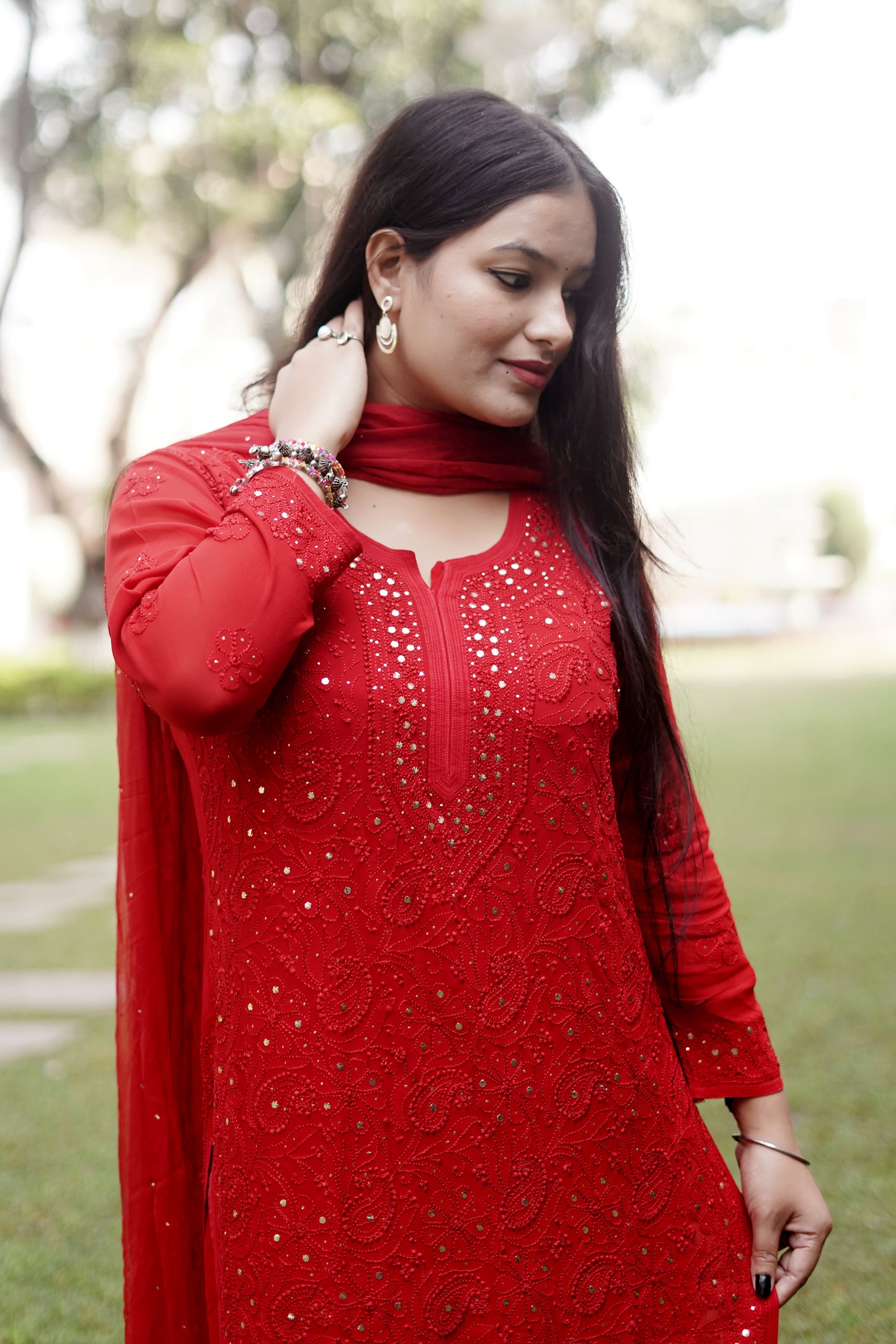 Red Viscose Full Jaal Mukaish | Hand-Embroidered Kurta Palazzo Dupatta Set | Varnika Exclusive Chikan