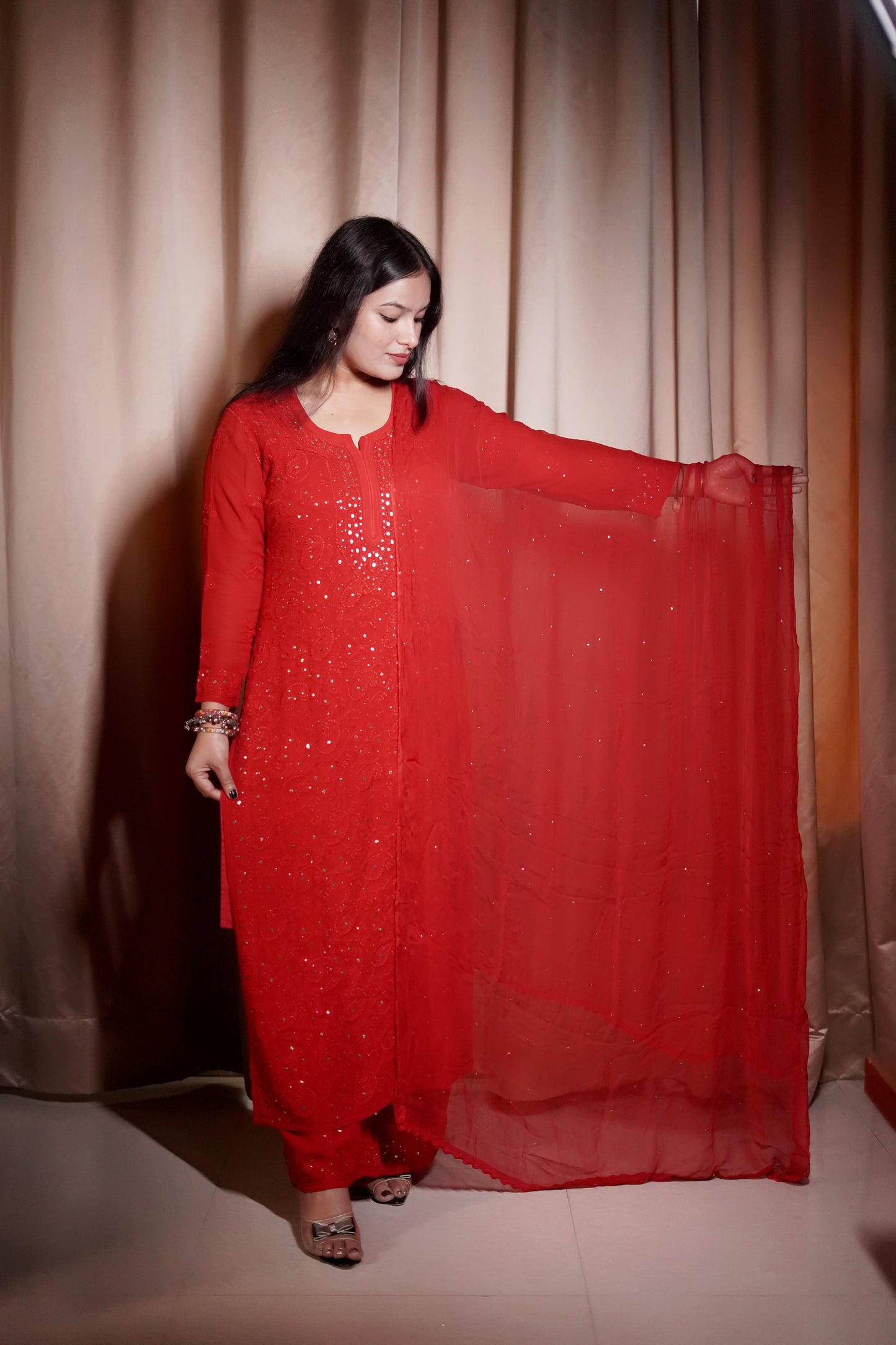 Red Viscose Full Jaal Mukaish | Hand-Embroidered Kurta Palazzo Dupatta Set | Varnika Exclusive Chikan