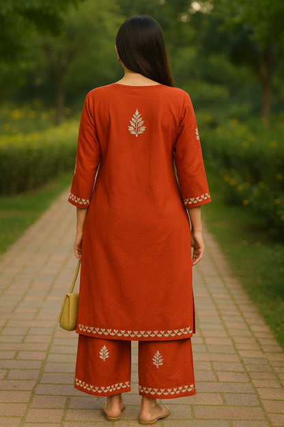Red Rayon Chikankari Kurta Set with Ghaspatti & Phanda Embroidery | Varnika Exclusive Chikan