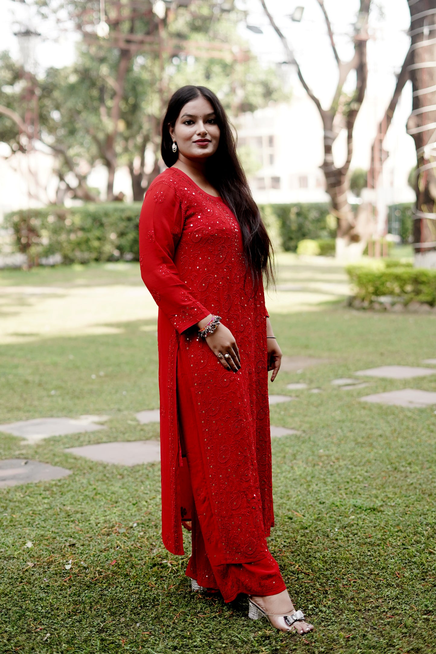 Red Viscose Full Jaal Mukaish | Hand-Embroidered Kurta Palazzo Dupatta Set | Varnika Exclusive Chikan